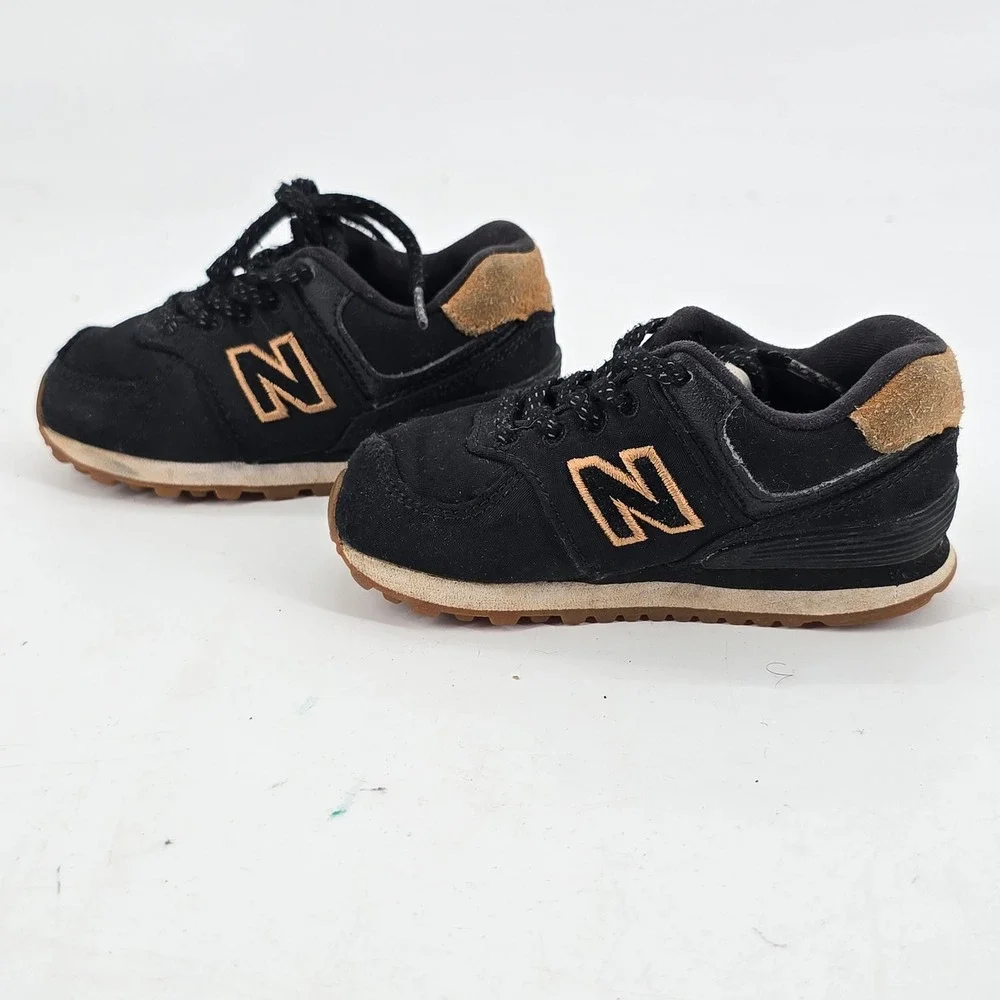 New Balance 574 Kids 4 Sneakers Black Tan Suede Low Top Athletic Shoes